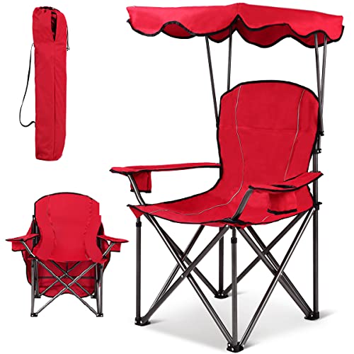 COSTWAY Chaise de Camping avec Parasol, Porte-gobelet, Accoudoir Rembourré, Structure en Acier...