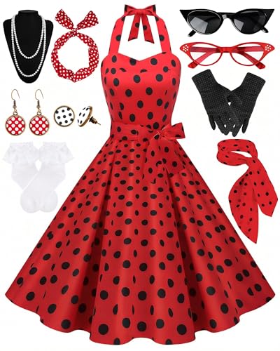 Womens 1950s Polka Dress Set Audrey Vintage-Inspired Cocktail Halter Swing Dress with Accessories 10PCS(Red BlackDots-M)