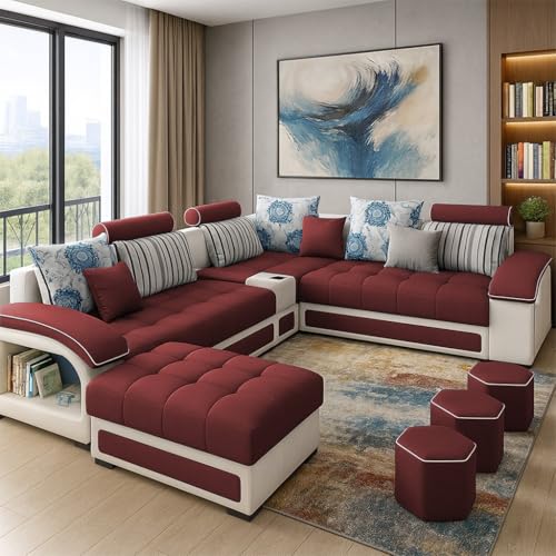 Image of Casaliving Yamir Modern U-Shaped Sectional Sofa Set with Storage, 9 Seater, Sofa Couch with 4 Puffy for Hall Guest Room (Maroon & Grey) Premium Fabric Sofa Set