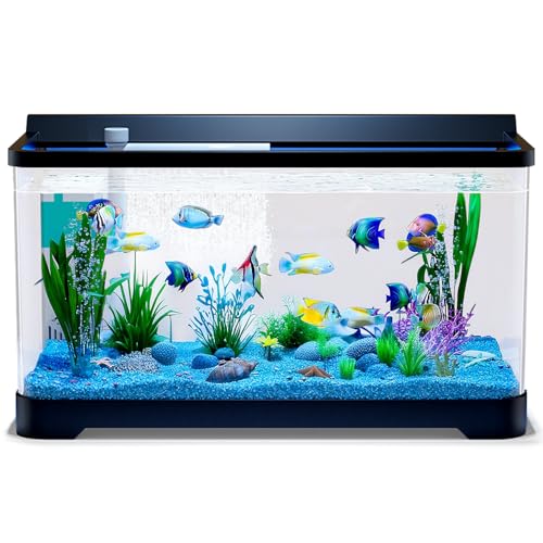 LED Aquarium Fish Tank Kit,(Light + Filter + Green Plants + Blue Sand + Pineapple Houses + Shells) Black, 4.5 Gallon (Now)