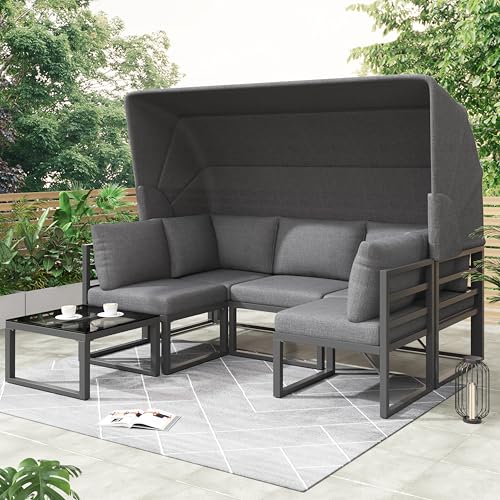 Dolamaní Set de sillones lounge de jardín para exterior, resistentes a la intemperie, con toldo ajustable, muebles Iron Lounge de hierro, conjunto de asientos con taburete, mesa y cojines (gris M)