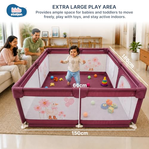 Image of Kids Station 180 x 150cm Playpen for Baby up to 5 Years, Portable Baby Activity Playards for Toddlers, Play Pen Fence with Zipper Door & Anti-Fall Grasp Rings (Non-Foldable Without Mattress) - Maroon
