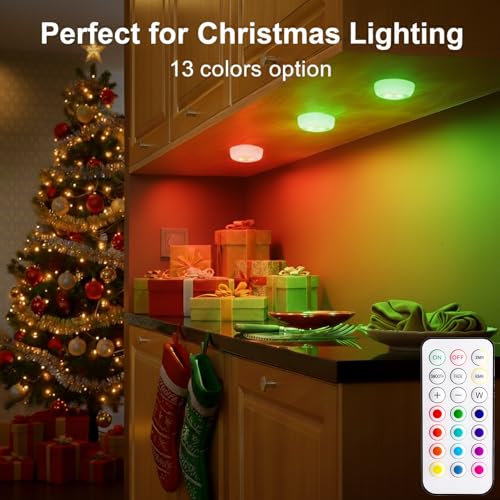Image of BLS LED Puck Lights with Remote Control, Wireless Under Cabinet Lighting, Battery Operated Lights, Stick-on Color Changing Lights with Dimmer and Timer, AA Battery Operated, Cabinet Light, Pack of 6