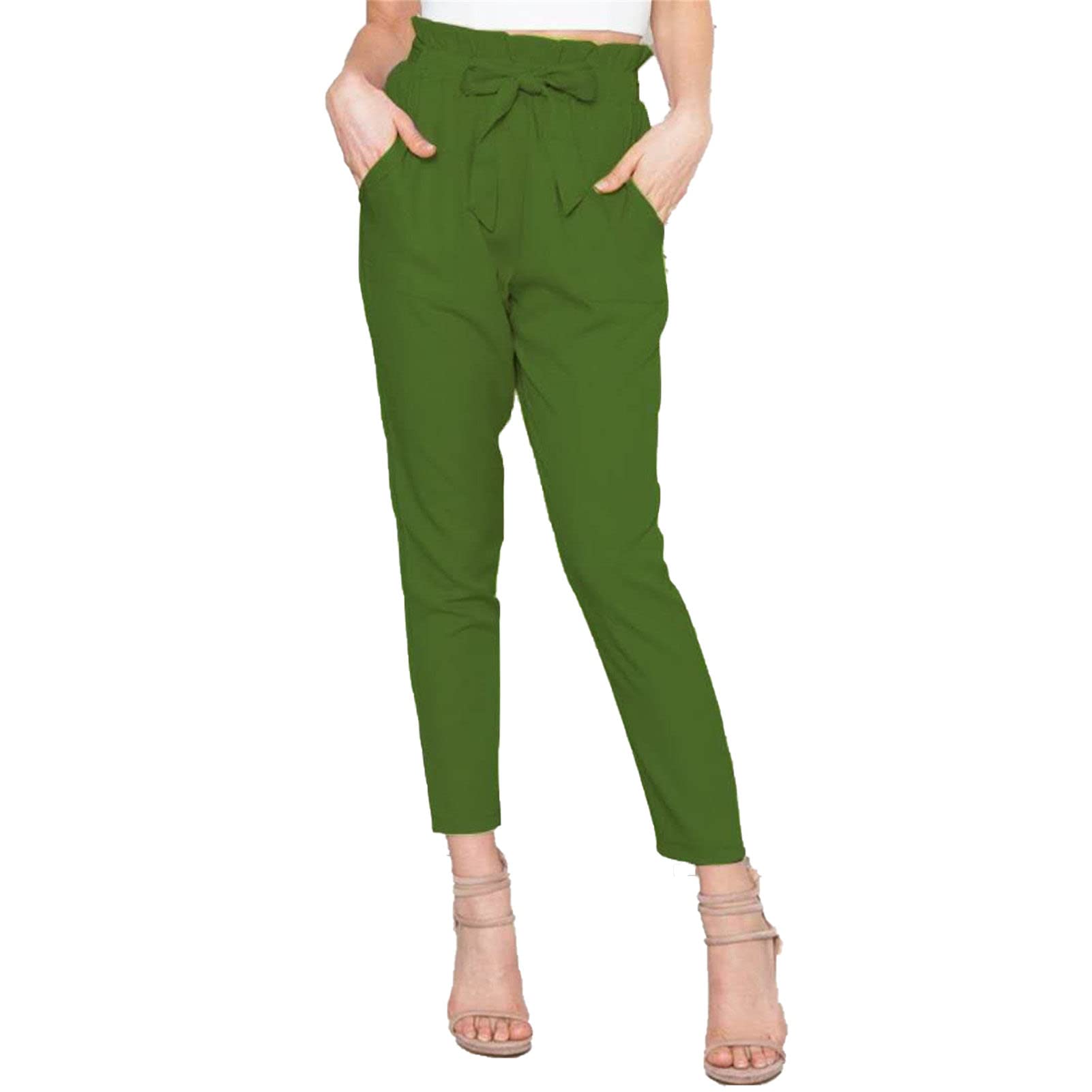 Maiyifu-GJ Womens Paper Bag Belted Pencil Pants Casual Slim Fit Self Tie Office Trouser High Elastic Waist Solid
