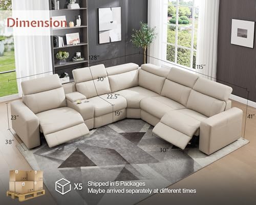 Image of AMERLIFE Power Recliner Sectional Sofa with Storage /USB Port, Leather Recliner Sofa with Adjustable Headrest, Reclining Sectional Couches with Console and Cup Holder for Living Room (Beige Brown)