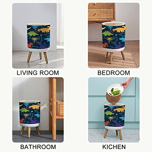 Image of Small Trash Can with Lid Seamless Colorful Dinosaurs Dinosaur Silhouette Round Recycle Bin Press Top Dog Proof Wastebasket for Kitchen Bathroom Bedroom Office 7L /1.8 Gallon