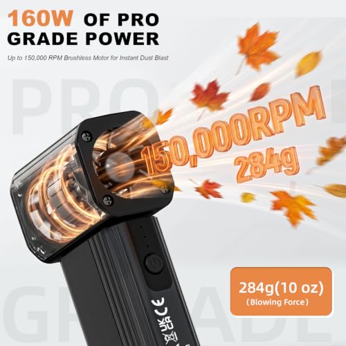 Image of Electric Air Duster 160W, Metal Body 150000RPM Compressed Air Duster, 29.6Wh Rechargeable Cordless Mini Blower, 18W Fast Charging 4-Speed Electric Duster Dust Blower for PC, Keyboard, Car, Home