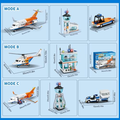 Image of City Airport Passenger Airplane Building Blocks Set, 715+ PCS 3-in-1 Airport Construction Kit with Radar Tower, Baggage Truck & Shuttle Bus | 1 Year Manufacturing Warranty