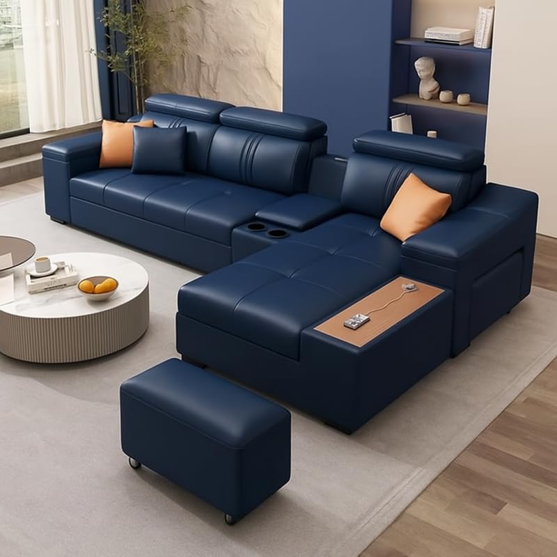Image of Homax. Nimra Smart L-Shape 6-Seater Sectional Sofa Set with Console, Cup Holders, Charging Station & 2 Ottomans - Premium Leatherette Finish - Navy Blue Color Orientation LHS