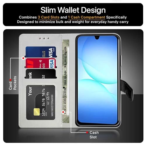 Image of FLIPPED Vegan Leather Flip Case Back Cover for Samsung Galaxy M17 5G | A17 5G | F17 5G (Flexible, Shock Proof | Hand Stitched Leather Finish | Card Pockets Wallet & Stand | Black with Brown)