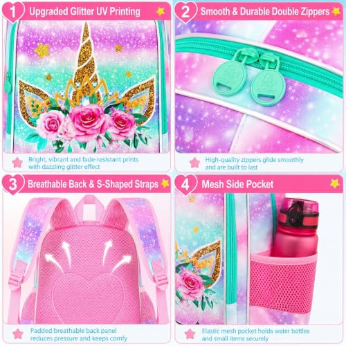 Image of CCJPX 3PCS Unicorn Backpack for Girls, 16 inchKids Bookbag with Lunch Box, Cute Water Resistant Elementary School Bag for Kindergarten Preschool Toddler