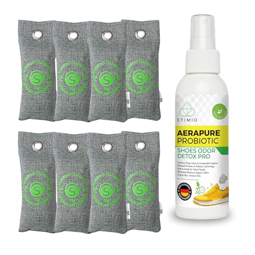 Set Antiodor para Zapatos – 8x Bolsas Carbón Activo + Spray Probiótico 100ml – Elimina Malos Olores y Sudor de Pies – Desodorante Natural sin Químicos ni Perfumes