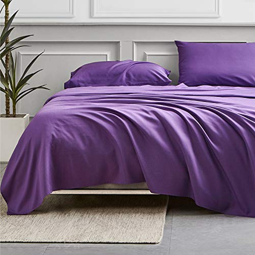 Image of Bedsure California King Sheet Sets, Cooling Sheets, Rayon Derived from Bamboo, Breathable & Soft, Deep Pocket Up to 16 Inches, Hotel Luxury Silky Bedding for Hot Sleepers, Purple
