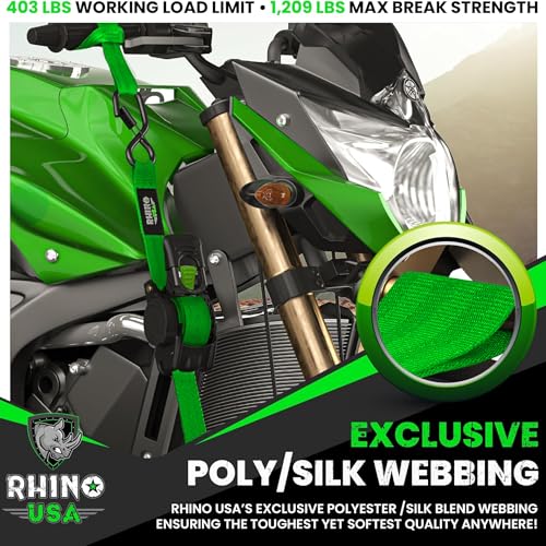 Image of Rhino USA Retractable Ratchet Straps (4-Pack) - 1 Inch x 10 Feet (1,209lb Break Strength) - Auto Self Retracting Tie Down Straps for Truck, Cargo Trailer, Motorcycle, ATV, UTV - Green