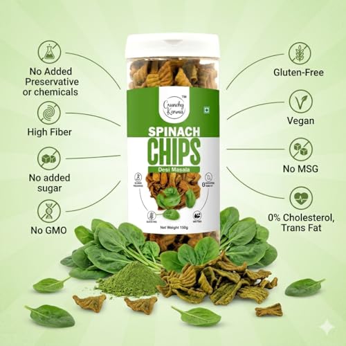 Image of Spinach Chips Desi Masala Flavor | Crunchy & Healthy Vegetable Chips | Gluten Free, High Fiber Snack | Low Calorie, No Added Preservatives | Indian Tasty Snack for All Ages - 150g