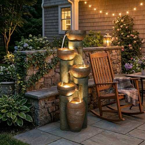 Image of Hamiedun 5 -Tier Water Fountain Outdoor Decor, Large Waterfalls Fountains for Outsides with LED Lights, Indoor and Outdoor Fountain for Garden, Patio, Deck, Porch, Backyard and Home Art Decor