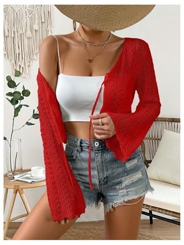 Image of Verdusa Women's Tie Front Crop Cardigan Bell Long Sleeve Scalloped Lightweight Knit Tops Summer Beach Cover Up