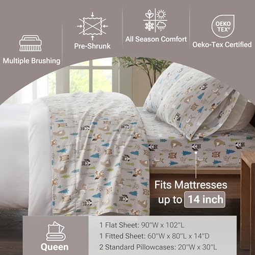 Image of True North by Sleep Philosophy Cozy Flannel Warm 100% Cotton Sheet - Novelty Print Animals Stars Cute Ultra Soft Cold Weather Bedding Set, Queen, Multi Forest Animals 4 Piece