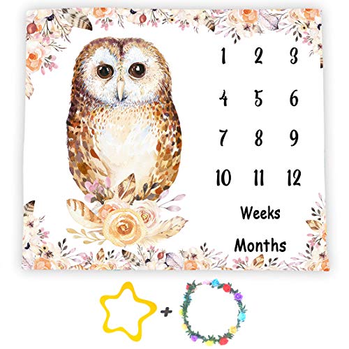 Image of F-FUN SOUL Baby Monthly Milestone Blanket, 48x40in, Owl Blanket, Newborn Mom Gifts, Baby Shower Age Growth Tracker with Bonus Maker