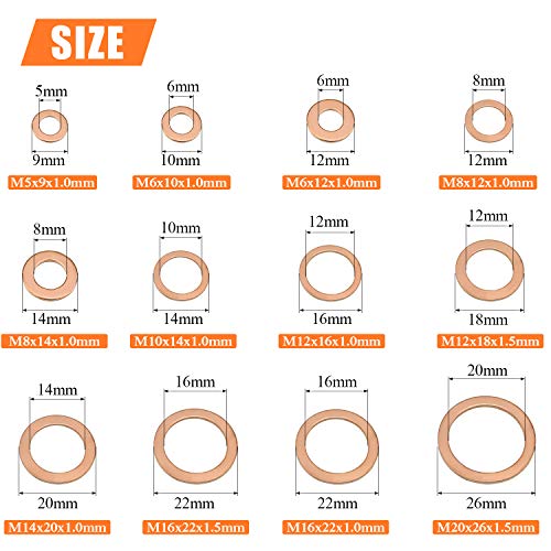 Copper Washer Assortment Set, Helifouner 300 Pieces 12 Sizes Copper Metric Sealing Washers Kit #TOP3