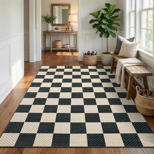 Image of Garvee 5x7 Black and Brown Checkered Rug for Living Room, Washable Rugs 5x7 Non Slip Soft Low Pile Geometric Print Plaid Area Rug for Dining Room Bedroom Nursery Office Playroom Carpet