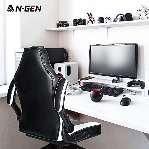 Image of N-GEN Gaming Chair Ergonomic Office Chair PC Desk Chair with Lumbar Support Flip Up Arms Levelled Seat Style Headrest PU Leather Executive High Back Computer Chair for Adults Women Men (4. White)