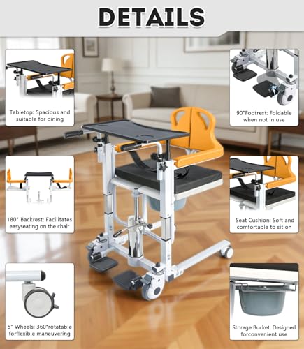 Image of Patient Lift Transfer Chair, 6 in 1 Patient Lift Chair with 180Split Seat for Home, Height Adjustable Portable Lift Nursing Chair with 4 Casters, Commode & Seat Cushion for Seniors Elderly, Orange