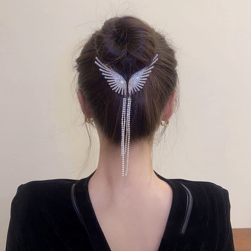 Tassel Ponytail Hairpin,Angel Wings High Rise Ponytail Hair Buckle Hairpin Fashion Diamond Tassel Pendant Hair Clip Pearl Luxury Hair Pins Shiny Hair Accessories for Women Girls
