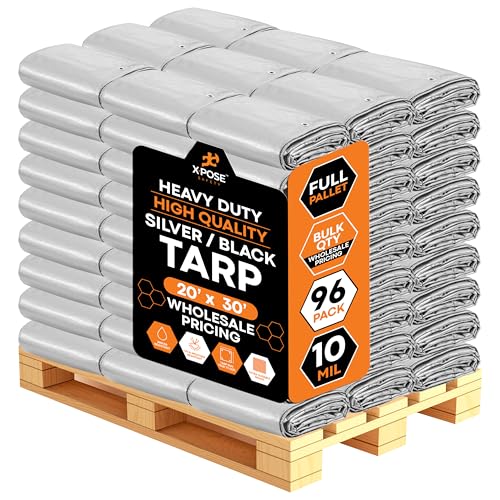 Image of Heavy Duty Poly Tarp 20' x 30' - Bulk Full Pallet (96 Pack) Thick Waterproof, UV Blocking Protective Cover - Reversible Silver & Black - 10 Mil Thick Polyethylene - by Xpose Safety