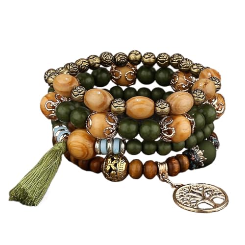 LICHUANUK Conjunto bohemio de 4 pulseras de cuentas de madera para mujer, patrón de árbol de la vida, cuentas de cristal, pulsera de cadena de mano hecha a mano, Verde