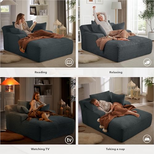 Image of 67 Inch Chaise Lounge Chair Indoor, Oversized Corduroy Upholstered Boneless Sofa Bed, Deep Seat Sleeper Couch Reading Chairs, Cloud Sofas Couches for Living Room, No Assembly Required (Dark Grey)
