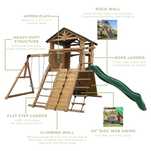 Backyard Discovery Endeavor All Cedar Wood Swing Set Playset for Backyard with Large Clubhouse Wave Slide Rope Ladder Rock Climbing Wall Wave Slide 2 Belt Swings and 1 Web Swing Gift for Ages 3-10 - image 4