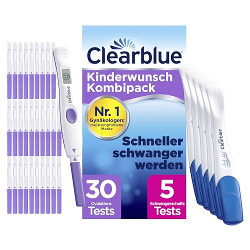 Clearblue Kinderwunsch Ovulationstest Kit Fortschrittlich & Digital, 30 Tests + 1 Halterung + 5 Schnelle Erkennung Schwangerschaftstests für Ergebnisse in nur 1 Minute, Fruchtbarkeitstest für Frauen