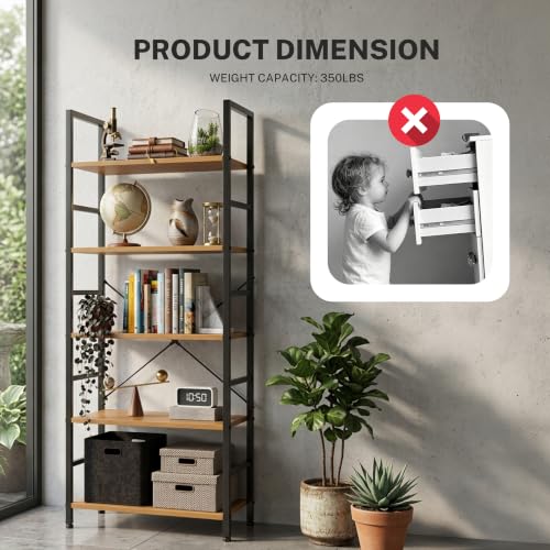 Image of HealSmart 5 Tier Bookshelf, Free Standing Book Shelf Home Office Bookcase Shelf Storage Organizer for Bedroom, Bathroom, Living Room, Office, Balcony, Wood