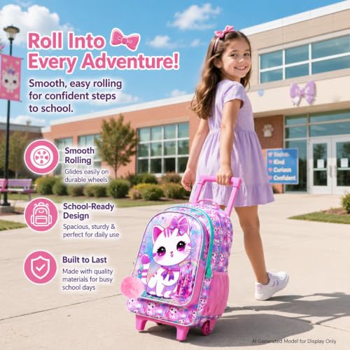 Image of CCJPX 3PCS Rolling Backpack for Girls,Kids Cat Backpacks with Roller Wheels, Wheeled Bookbag with Lunch Box for Toddler Elementary School