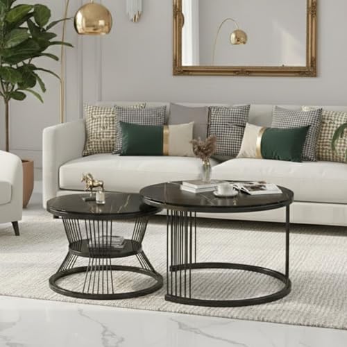 Image of Modern Nested Coffee Table Set of 2 | Round Marble Finish Tabletop with Metal Base | Luxury Center Table for Living Room, Lounge & Office (Full Black)