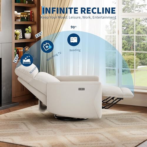 Image of Garvee Power Recliner Chair, Swivel Rocker Chair for Adults, Chenille Upholstered Glider Recliner Nursery Chair with USB Ports, Ergonomic High Back Single Sofa Seat for Living Room (Beige)