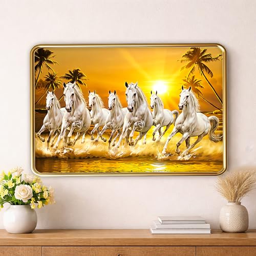 Image of XOPY Seven Running Horses with Golden Frame | Vastu 7 horses Raw Pyrite Painting for Home, Office & Living Room Wall Decore | 12X18 Inch Sparkle Laminated Frame | Best For Gifting (53308, 12X18)