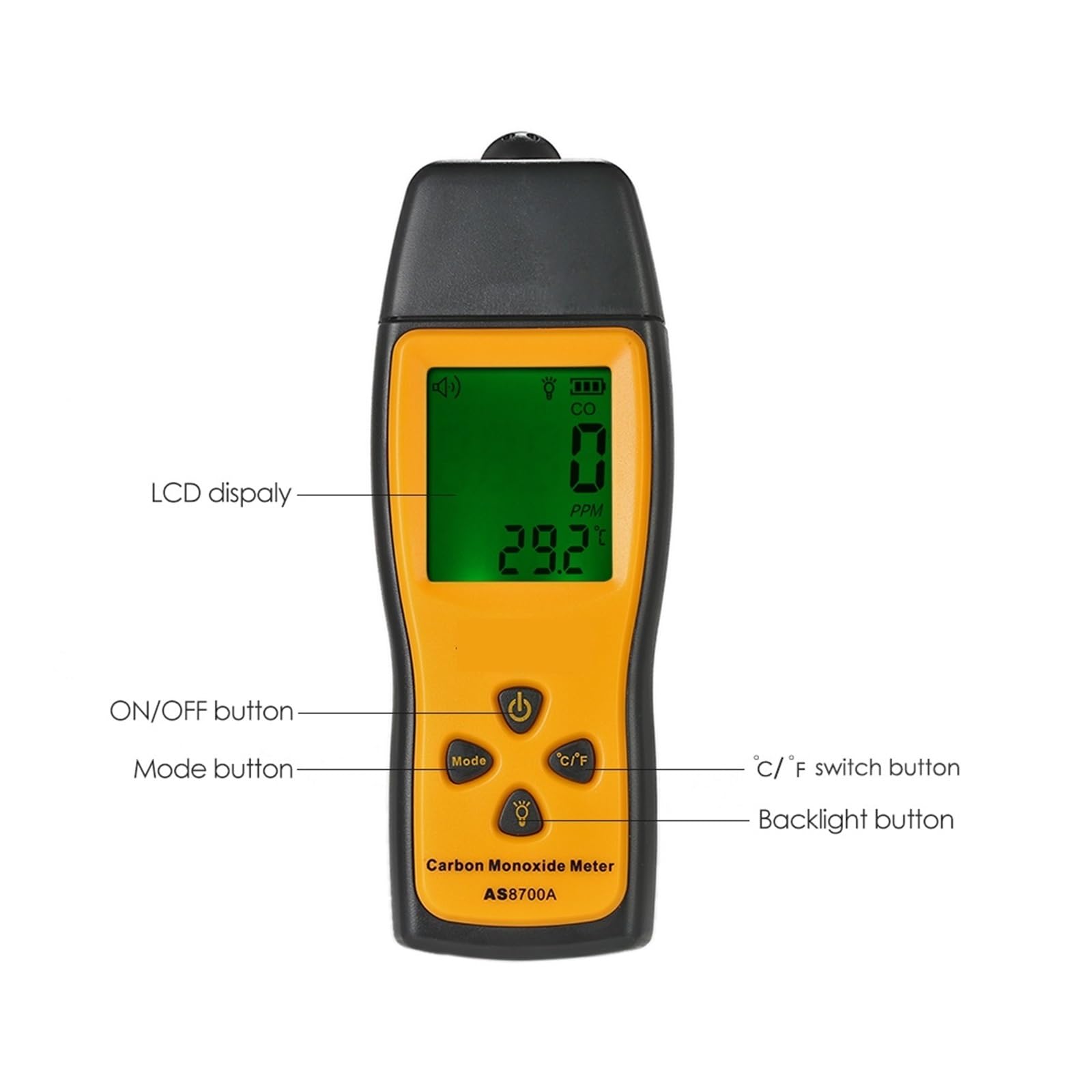 Misuratore di monossido di carbonio con rilevatore di gas CO ad alta precisione, display LCD, allarme sonoro e luminoso, 0-1000 ppm Alta sensibilità, risposta rapida