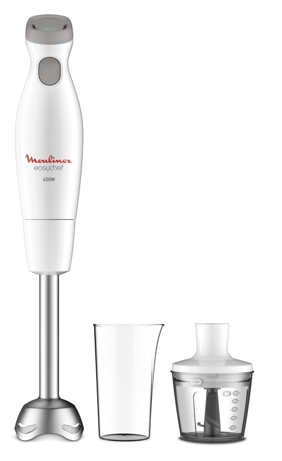 Moulinex Easychef, Batidora de mano 2 en 1, 450 W, robusta y resistente, cuchillas Zelkrom, vaso 800 ml y picadora 500 ml, 2 velocidades, antisalpicaduras, color blanco DD4521