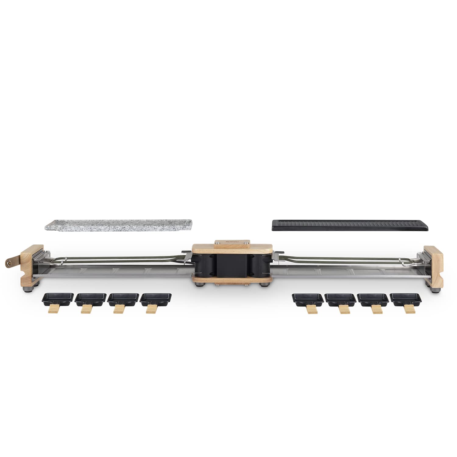 H.Koenig Raclette-Gerät WOD360 für 8 Personen, 1400 W, um 180° drehbarer Sockel, Naturholz-Design, 8 antihaftbeschichtete Pfännchen und Spatel,abnehmbare Platten - Granitsteinplatte und Grillplatte