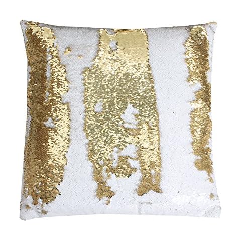 Total Gift - 16" Magic Mermaid Pillow Case Reversible Sequin Glitter Sofa Cushion Cover - White + Gold Cover