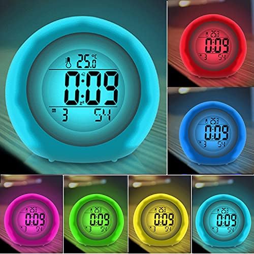 Jisiloe Kids Alarm Clock, 7 Color Night Light, Snooze, Temperature Detect for Toddler, Children Boys and Girls, Students to Wake up at Bedroom, Bedside, Batteries Operated