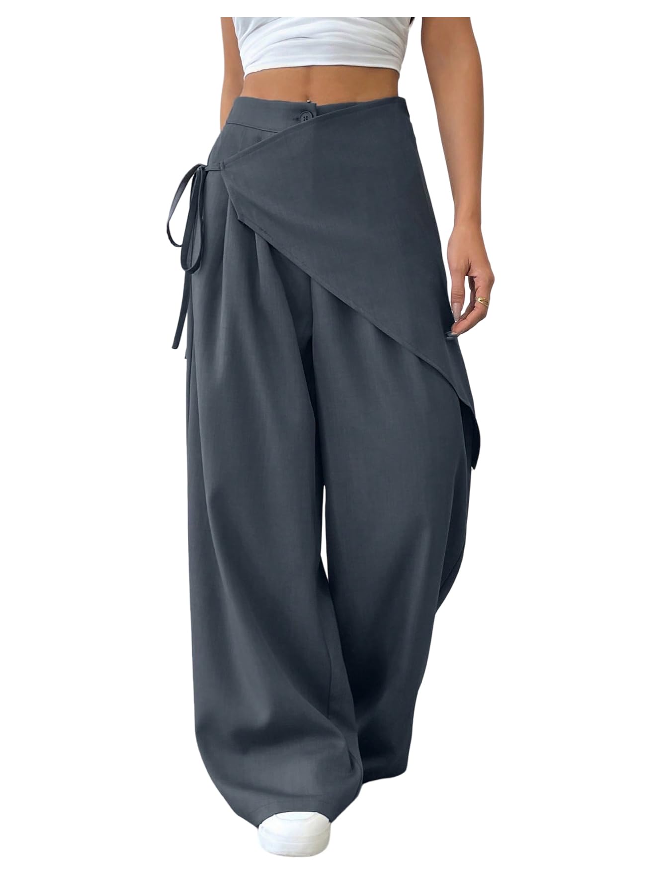OYOANGLE Womens Lace Up Straight Leg Pants Zipper Fly Work Office Dressy Trousers