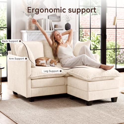 Image of 50 inch Loveseat Sofa with Ottoman, Cloud 2-Layer Cushion & 27 inch Deep Seat, Modern Love Seat Small Couch with 2 Washable Pillows for Small Spaces, Bedroom, Apartment, Office, Living Room, in a Box, Beige