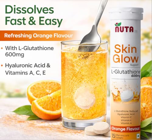Image of GLUTATHIONE 600mg, HYALURONIC TABLET WITH VITAMIN-C&AE | Advanced L-Glutathione for Skin & Wellness inch. Skin Glow formula, Skin Lighting, Hydration, Anti-Aging, Detoxification, Pigmentation And Tan Removal | Orange Flavor For Men & Women PACK OF 5 (75 Effervescent Tablet)