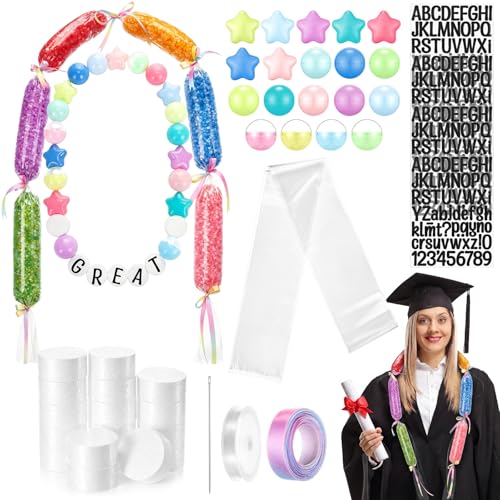 Soulchen 42 Pcs Graduation Candy Lei Making Kit and DIY Class of 2026 Giant Friendship Bracelet Garland Letters Stickers Ball Foam Lei Tubing Rainbow Ribbon for Graduation Party Gift(Rainbow Color)