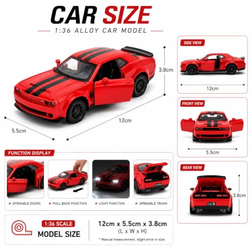 Image of Royals hub Die-Cast Metal Sports Car Toy for Kids,1:36 Scale Dodge Challenger Pull Back Toy Car with Light & Sound Realistic Interior, Premium Car Model for Boys & Girls【Colors as Per Stock】