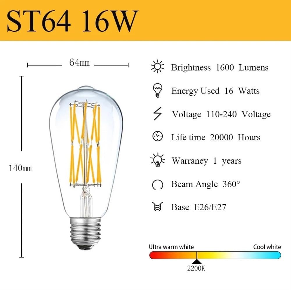 1fortunate Paquete de 5, bombillas LED Vintage de filamento Edison AC220V E27 ST64 12W/16W lámpara de vidrio transparente 2200K(ST64 16W)