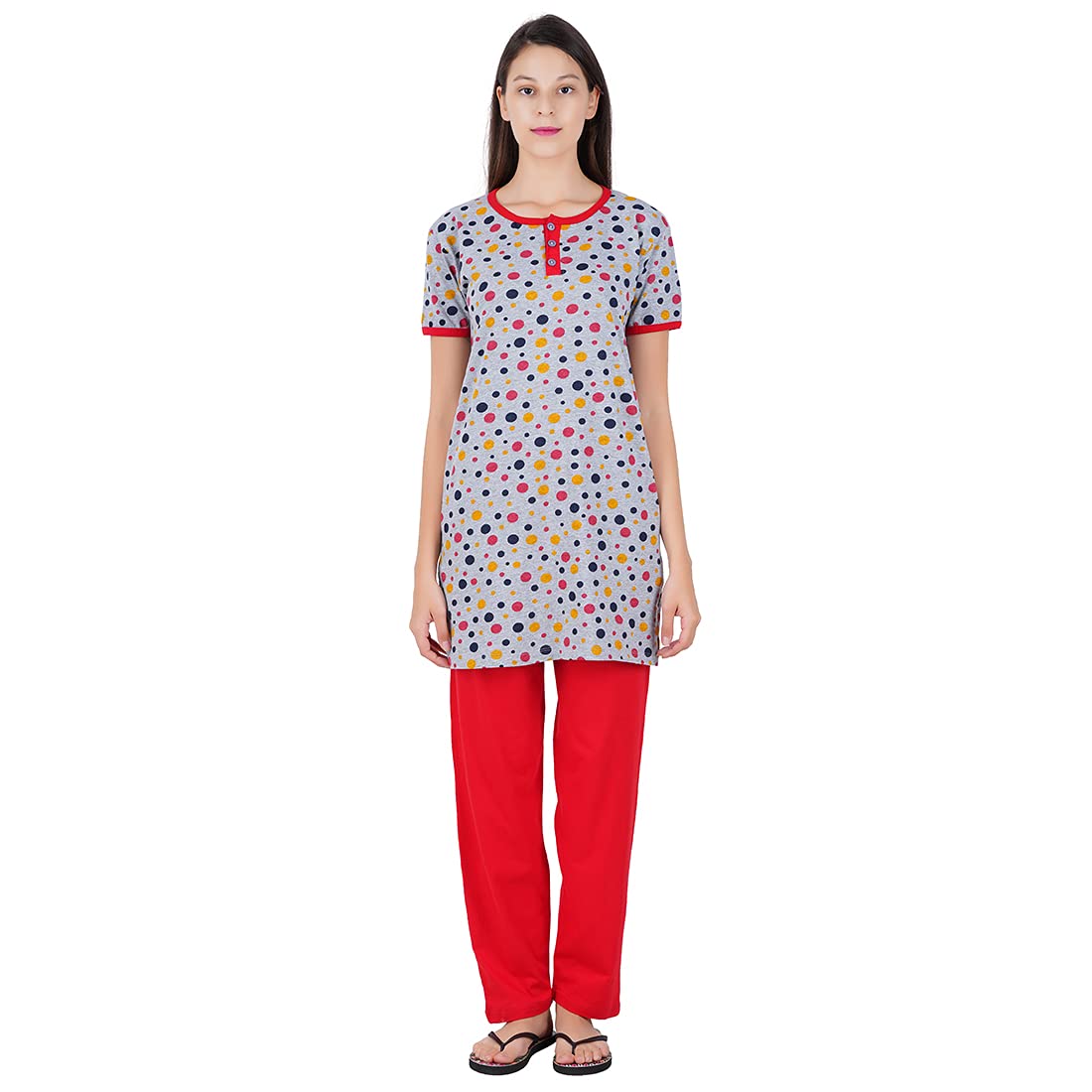 Floral Printed Half Sleeve Women's Sleepwear Long T-Shirt| Sleepwear Cotton Top for Women| Regular Slim Fit Girls Night Wear Top and Pyjama Set| Night Suit Set-image-10